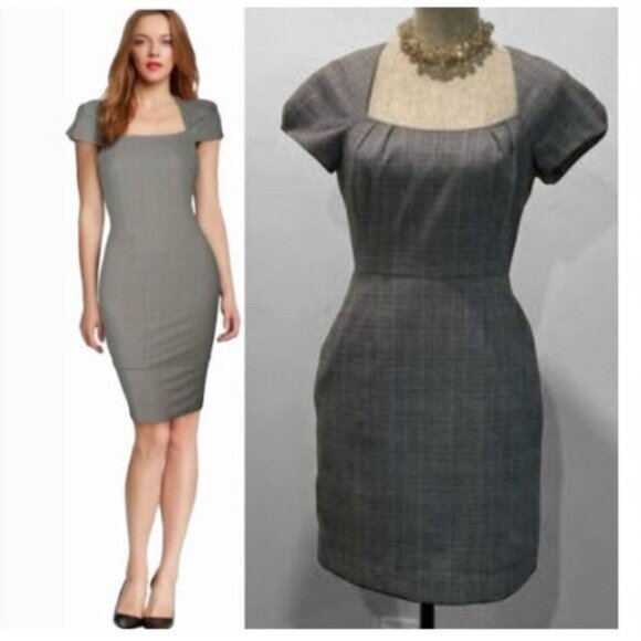 Banana Republic Fitted Gray Plaid Midi Dress Size 6 - Picture 1 of 16